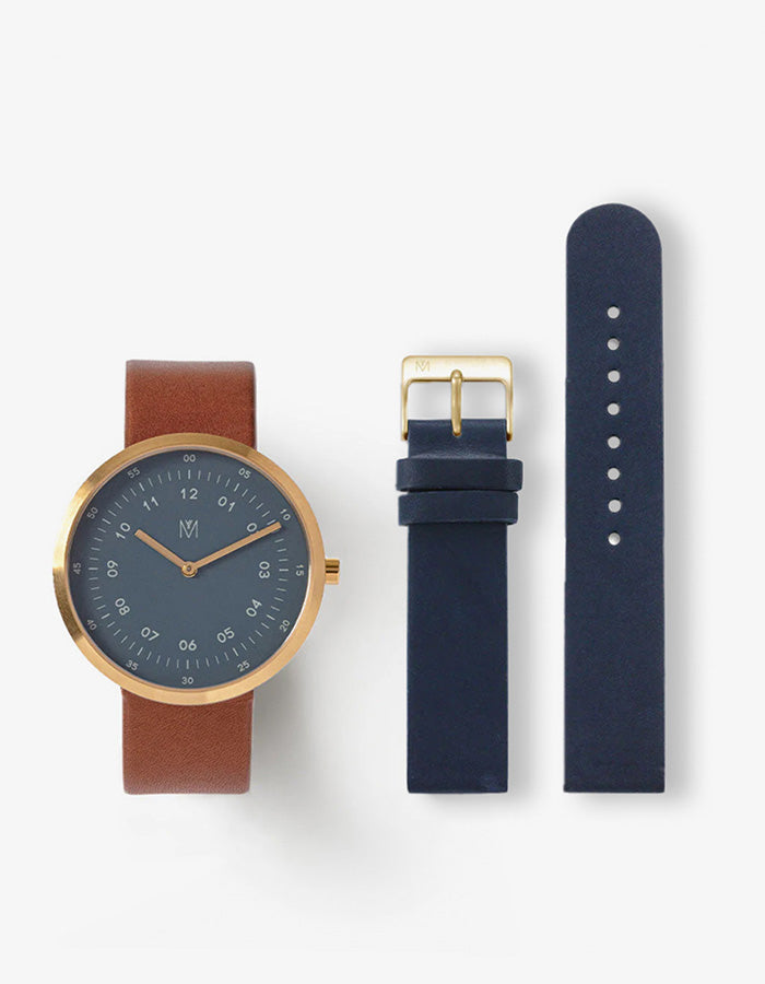 MUSTANG BROWN 40MM + NAVY LEATHER STRAP SET  (GOLD)